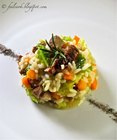 Risotto con verza e costine alla brace