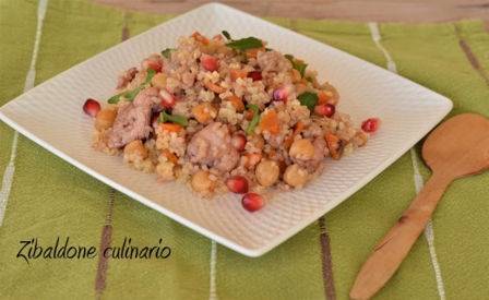 Bulgur con pollo alla melagrana, ceci e patate dolci