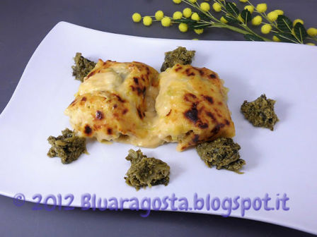 Roll di lasagne ricce e cime di rapa con crema di porri e cheddar