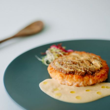 Fishburger di salmone gratinato ai funghi con salsa di ceci