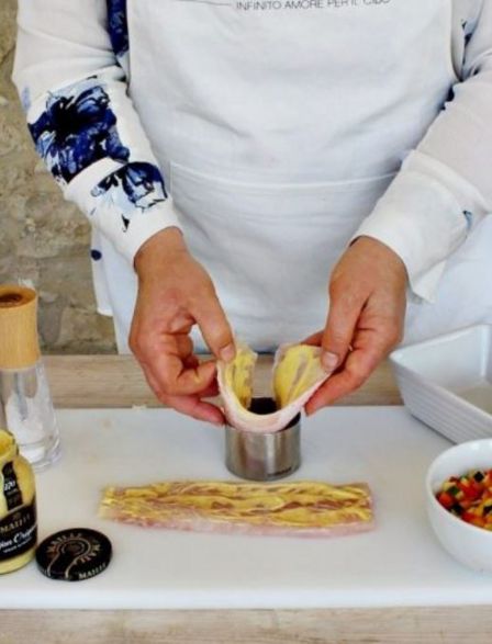 Pesce persico al forno con verdure e crema di piselli